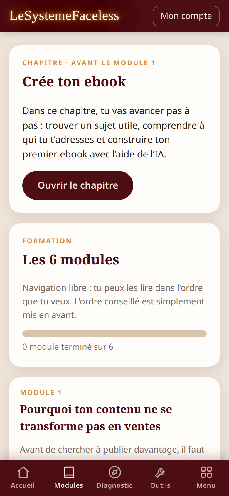 L'application Le Système Faceless : le chapitre « Crée ton ebook » et les 6 modules